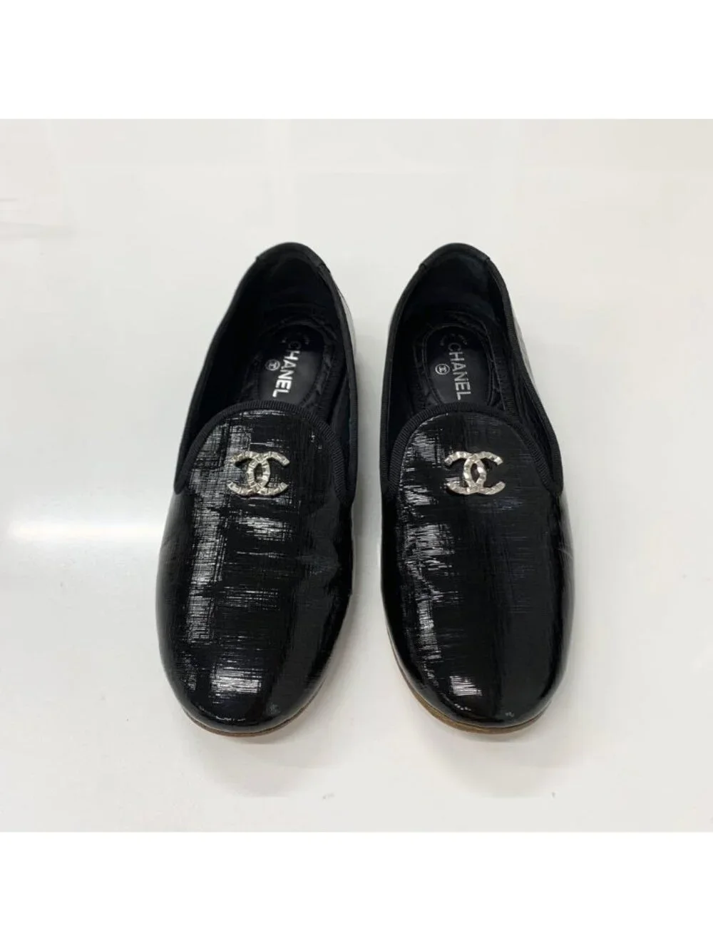 Chanel CC Logo Patent Quilted Opera Shoes Loafers Black